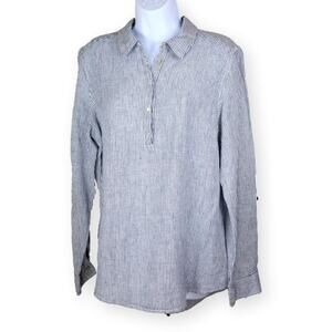 TAHARI Blue & White Woven Linen Collared Button Down Tunic Top Size M